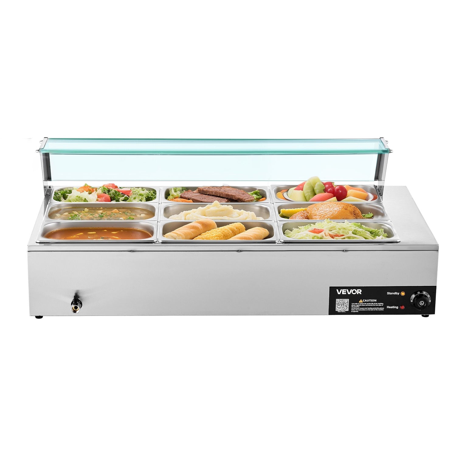 Commercial Food Warmer, 1500W Electric Stainless Steel Steam Food Warmer With Glass Cover, 9-Pan Countertop Buffet Bain Marie With Soup &amp; Perforated Ladles, For Catering, Restaurant &amp; Party
