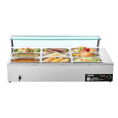 Commercial Food Warmer, 1500W Electric Stainless Steel Steam Food Warmer With Glass Cover, 9-Pan Countertop Buffet Bain Marie With Soup &amp; Perforated Ladles, For Catering, Restaurant &amp; Party