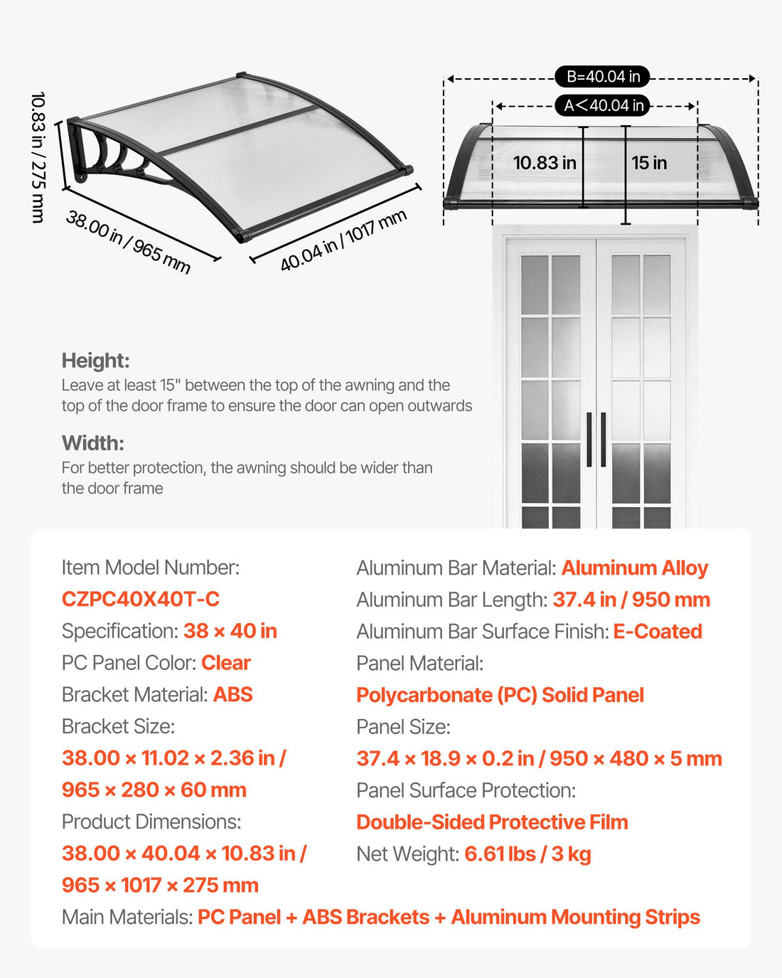 Awnings For Door Entrance, 38 X 40 In, Exterior Front Door Window Awnings With Drainage &amp; ABS Bracket, Rain Snow Sun Protection, Overhang Polycarbonate Door Canopy For Porch Patio, Clear