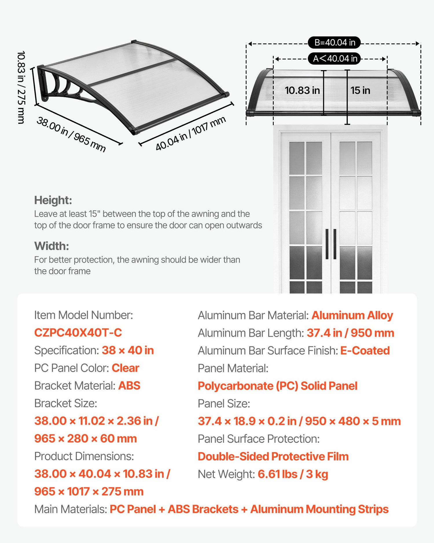 Awnings For Door Entrance, 38 X 40 In, Exterior Front Door Window Awnings With Drainage &amp; ABS Bracket, Rain Snow Sun Protection, Overhang Polycarbonate Door Canopy For Porch Patio, Clear