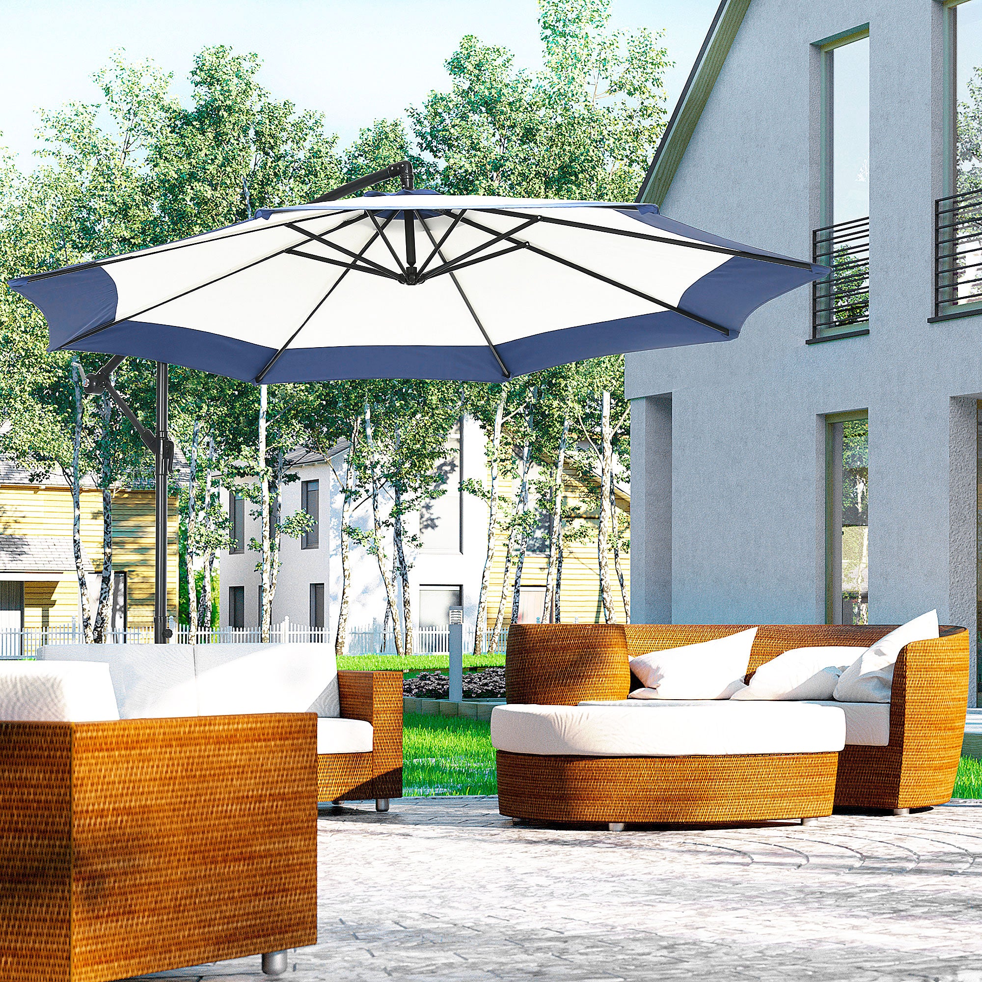10FT Cantilever Umbrella, Offset Patio Umbrella with Crank and Cross Base for Deck, Backyard, Pool and Garden, Hanging Umbrellas, Navy Blue