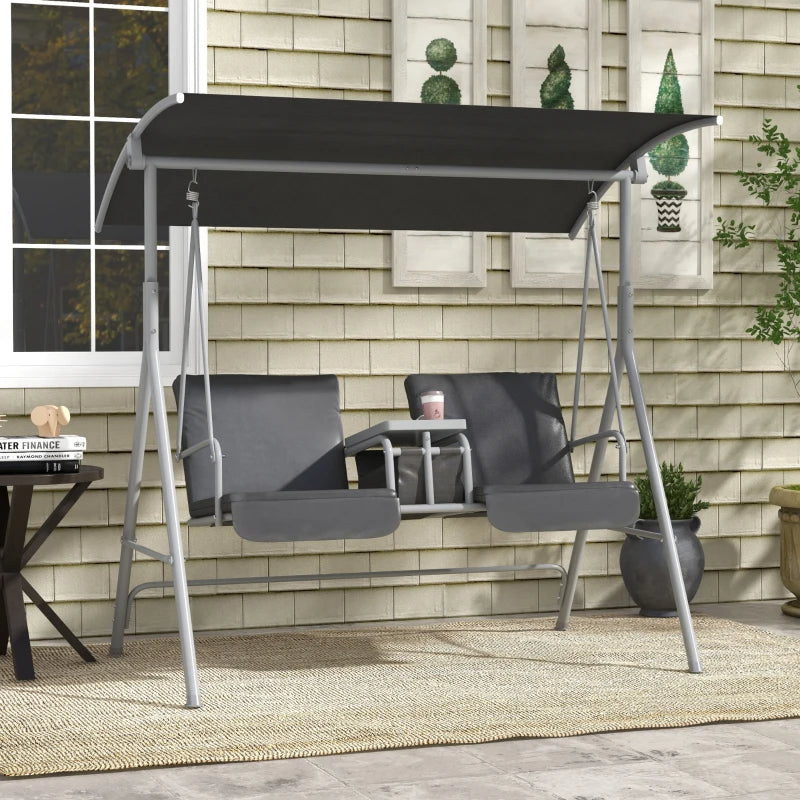 2-Seater Outdoor Porch Swing With Canopy And Table, Patio Swing Chair For Garden, Poolside, Backyard, Gray