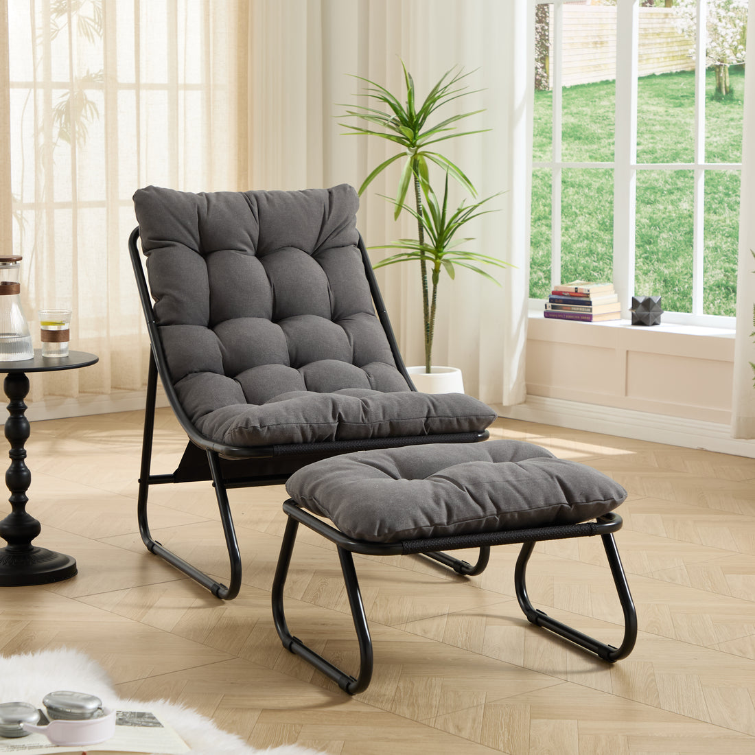 Patio Outdoor Lounge Chair With Ottoman, Comfy Sling Recliner Chair With Puffy Cushion And Foot Stool, Ideal For Living Room, Bedroom, Reading Room, Black Frame With Grey Cushion