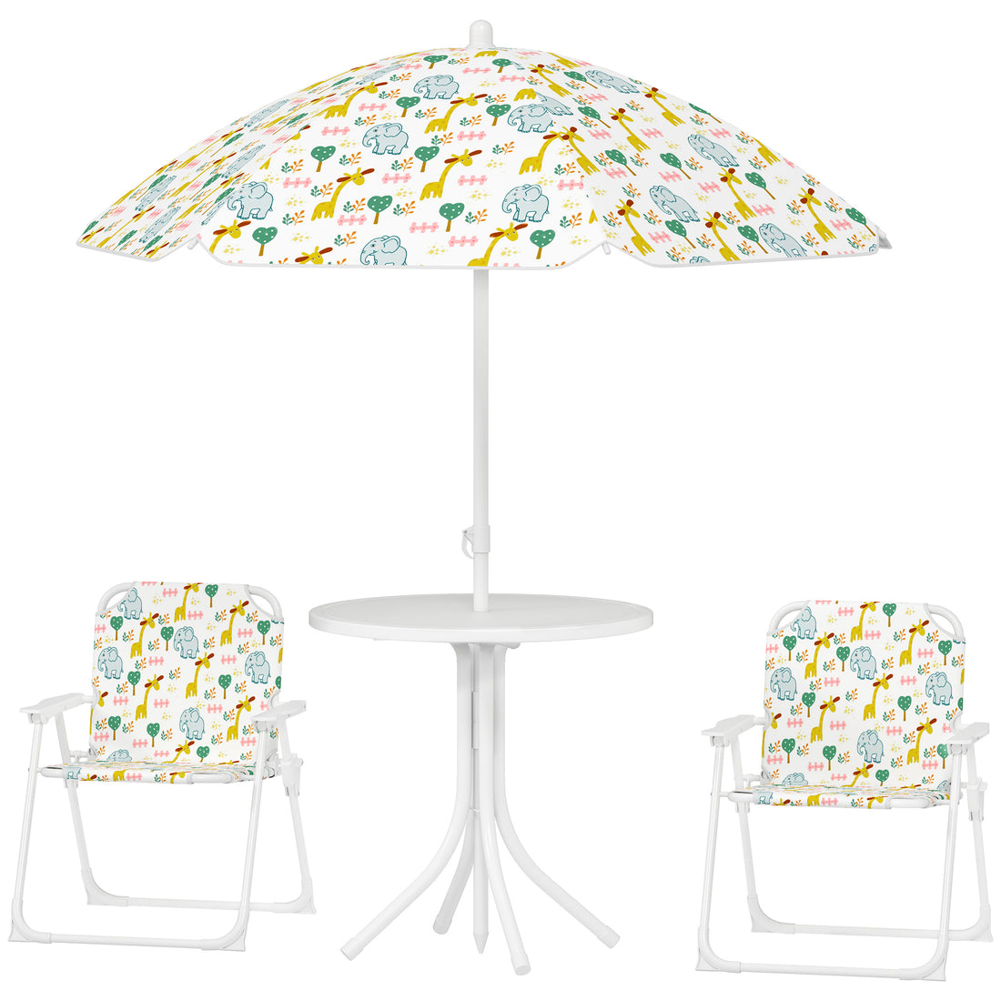 Kids Picnic Table And Chair Set, Outdoor Activity Table With Foldable Chairs, Removable Umbrella For Backyard, White