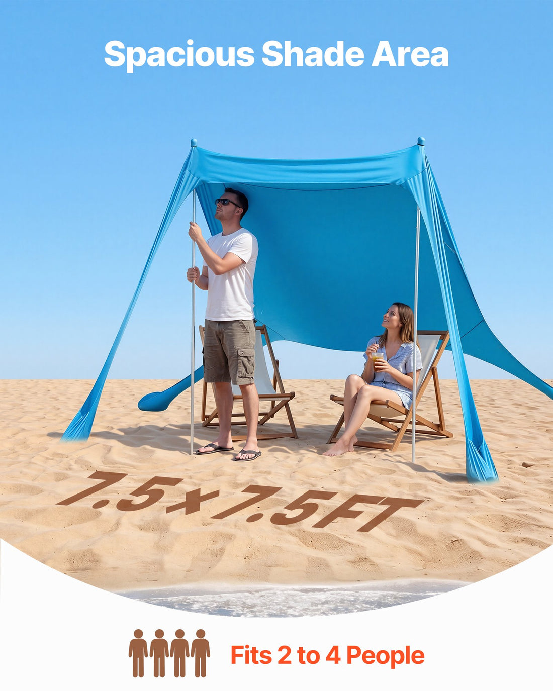 Beach Tent Sun Shelter, UPF50+ Sun Protection, 6.6 Ft Tall, 7.5x7.5 Ft, Easy Pop Up Beach Canopy With Sandbags, Stability Poles, Sand Shovels, Portable Shade For Family Outings, Camping, Fishing