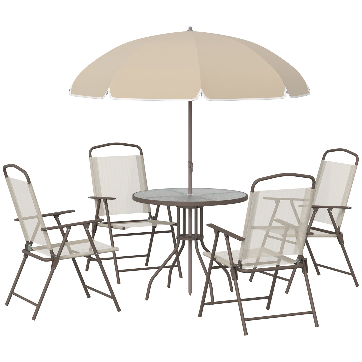 6 Piece Patio Dining Set for 4 with Umbrella, Outdoor Table and Chairs with 4 Folding Dining Chairs &amp; Round Glass Table for Garden, Backyard and Poolside, Beige