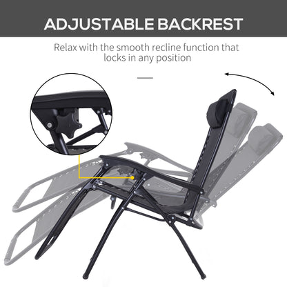 Zero Gravity Chair Set Of 2, Metal Frame Texteline Armchair Outdoor Folding And Reclining Sun Lounger With Head Pillow For Patio Decking Gardens Camping, Black