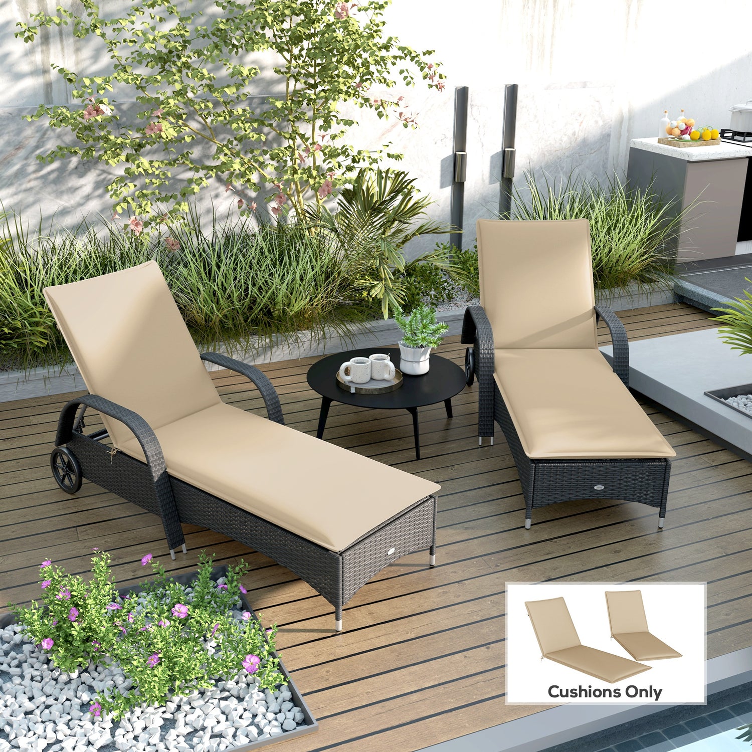 Foldable Chaise Lounge Cushion Set Of 2, Outdoor Lounge Chair Cushion Set, 200gsm Fabric, 76 X 23, Beige