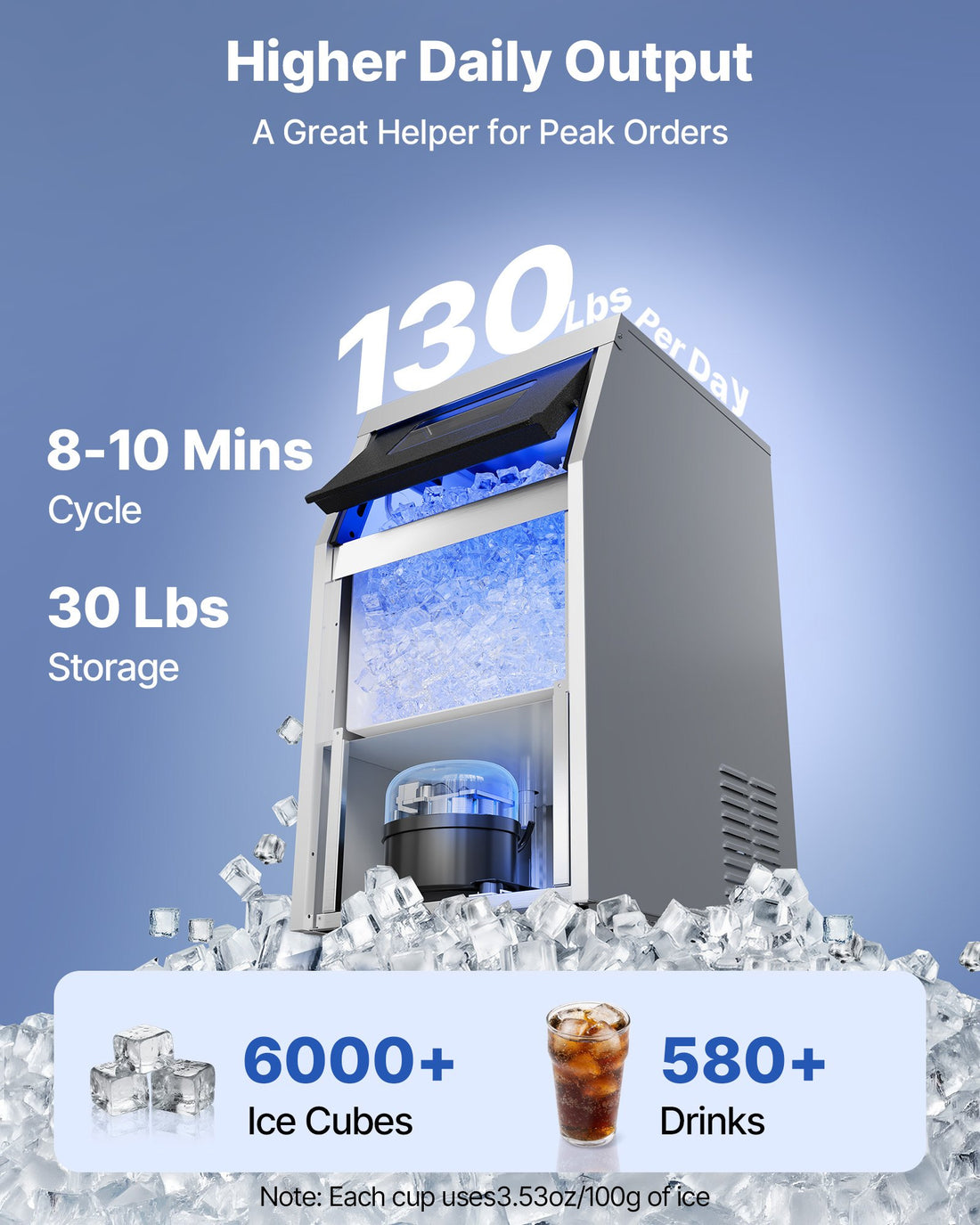 Commercial Ice Maker Machine, 130 Lbs/24h With 30 Lbs Storage Capacity, Built-in/Freestanding/Under Counter, Stainless Steel Ice Maker With LED Display &amp; Self-Cleaning, For Home Bar Restaurant