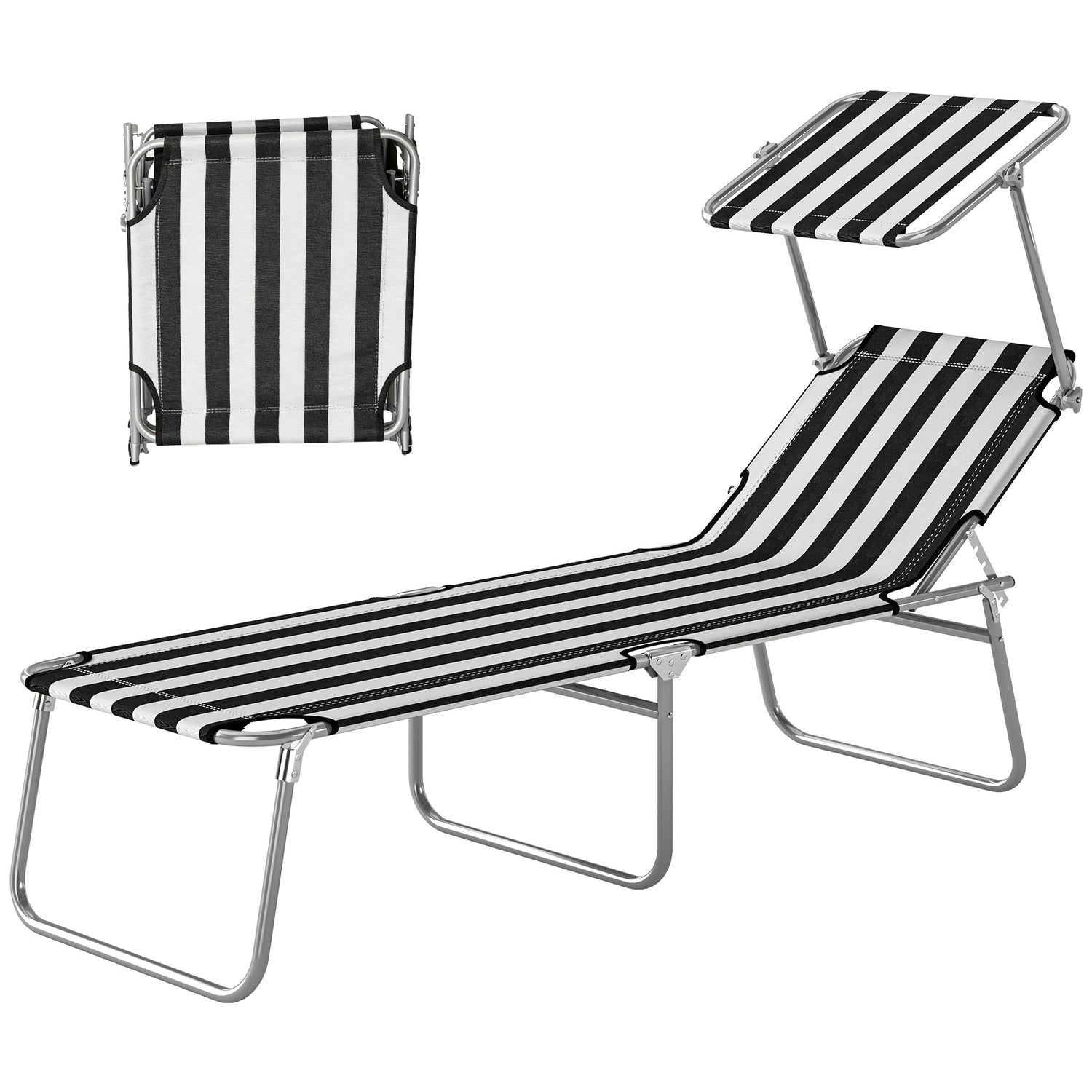 Outdoor Pool Chaise Lounge Chair, Folding Tanning Chair with Sun Shade, Black and White