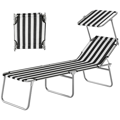 Outdoor Pool Chaise Lounge Chair, Folding Tanning Chair with Sun Shade, Black and White