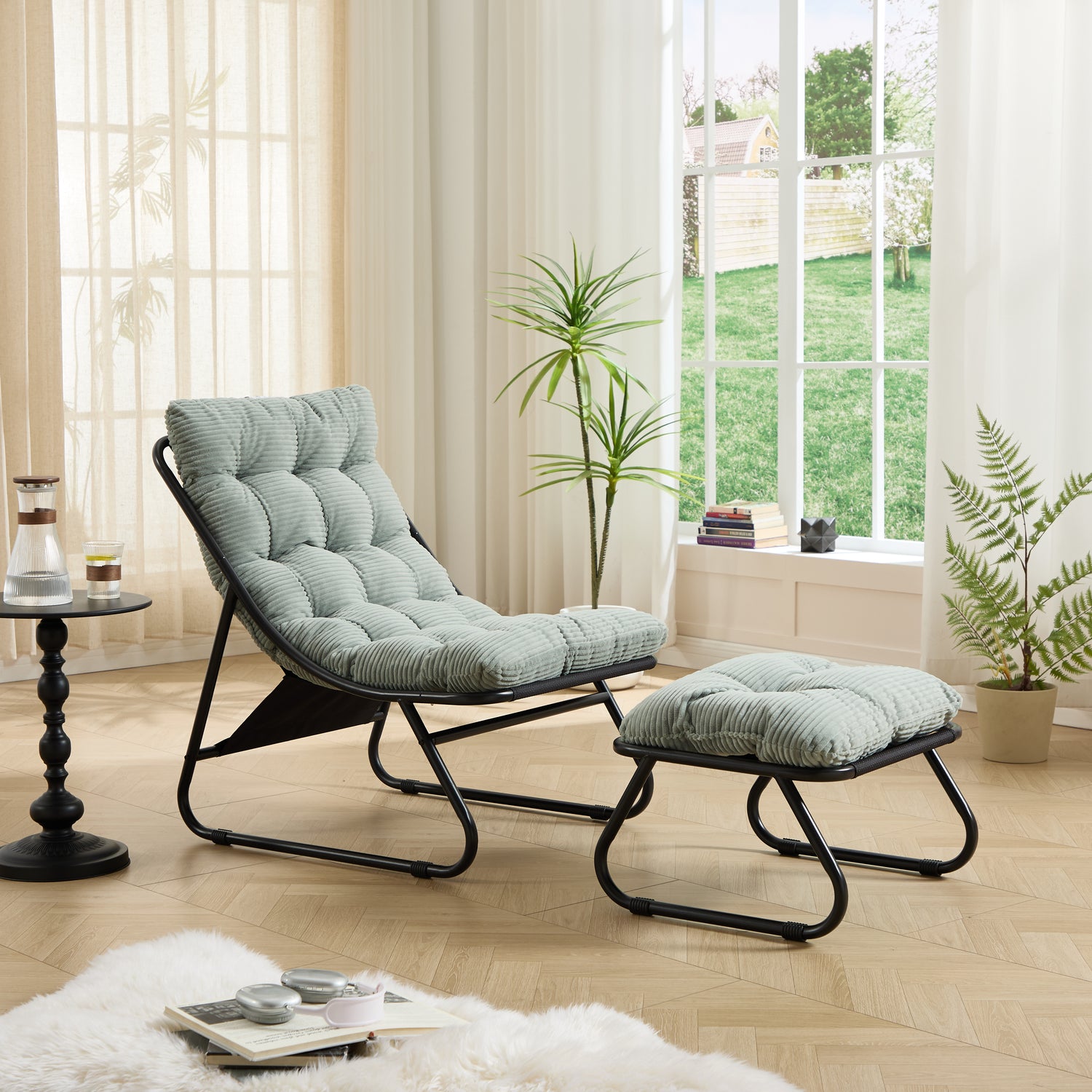 Patio Outdoor Lounge Chair With Ottoman, Comfy Sling Recliner Chair With Puffy Cushion And Foot Stool,  Ideal For Living Room, Bedroom, Reading Room, Black Frame With Light Green Cushion