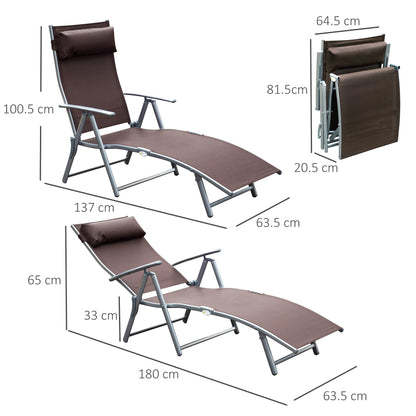 Sun Lounger Steel Frame Outdoor Folding Chaise Texteline Lounge Chair Recliner With Headrest &amp; 7 Levels Adjustable Backrest, Brown